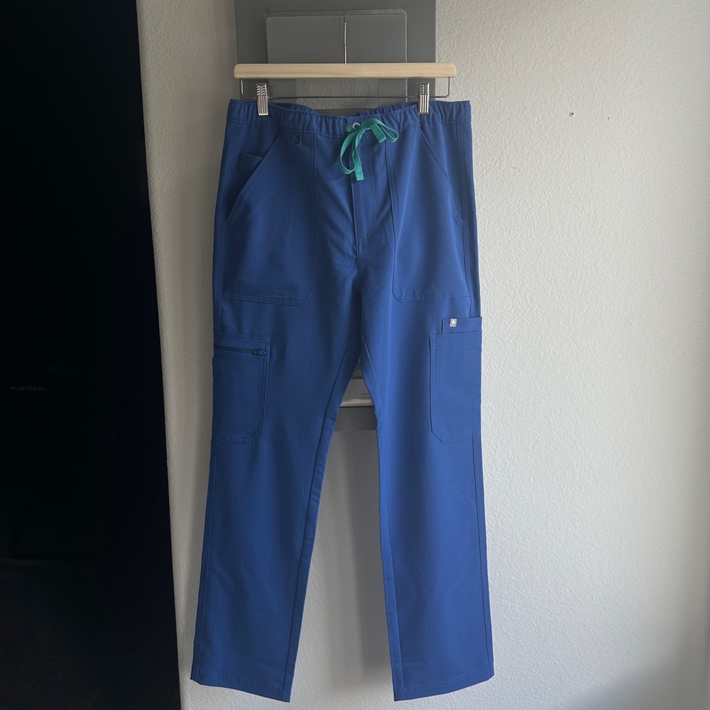 Figs Men's Cairo Cargo Pants in Denim Blue with Turquoise Pants Drawstring